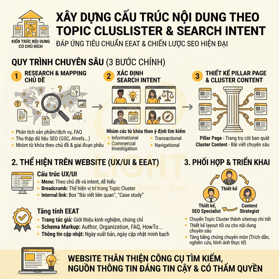 Hướng dẫn xây dựng cấu trúc nội dung website theo topic cluster và search intent chuẩn SEO EEAT