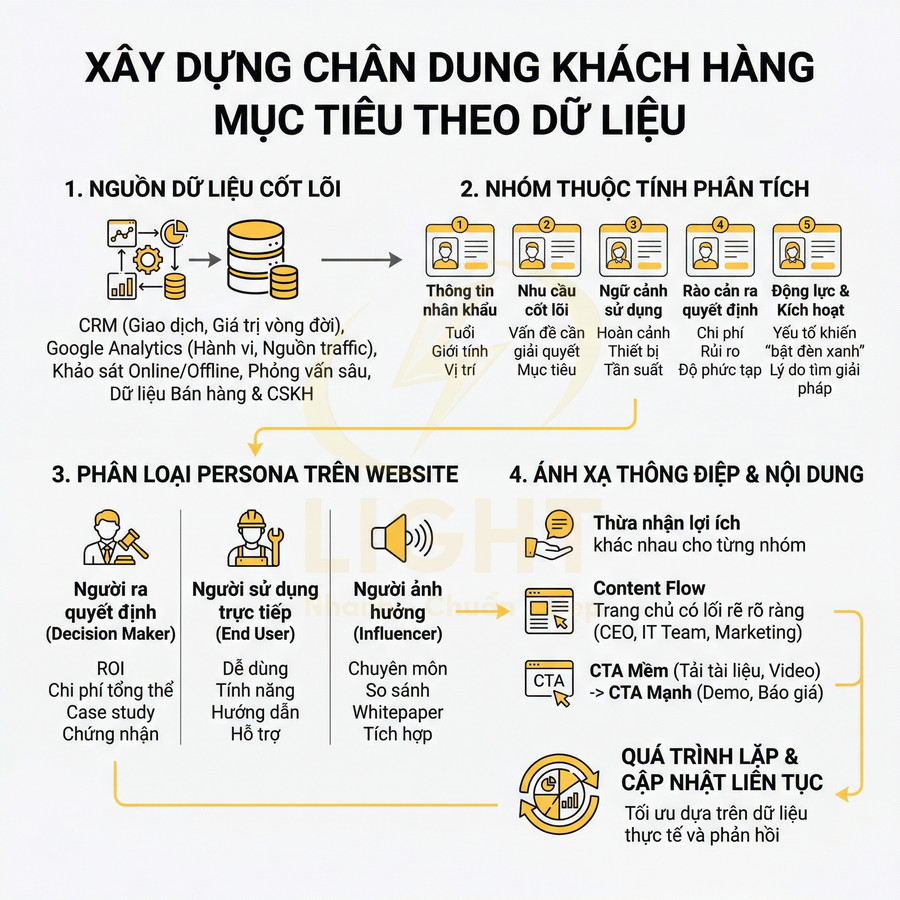 Sơ đồ xây dựng chân dung khách hàng mục tiêu theo dữ liệu với các bước phân tích, phân loại persona và tối ưu nội dung marketing