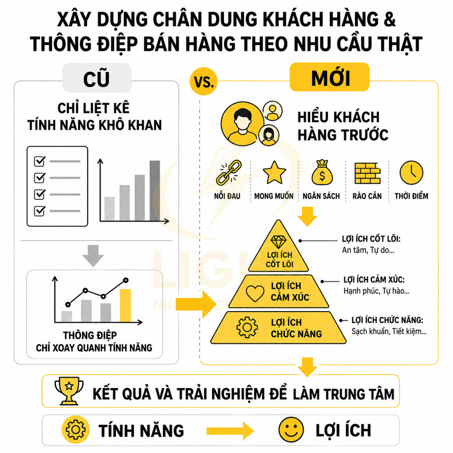 Infographic xây dựng chân dung khách hàng và thông điệp bán hàng tập trung lợi ích thay vì chỉ liệt kê tính năng