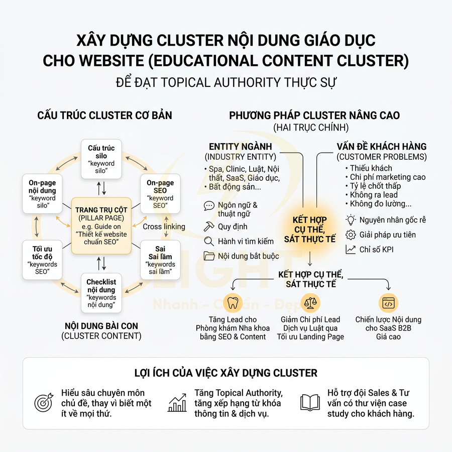 Sơ đồ xây dựng cluster nội dung giáo dục cho website để đạt topical authority và tối ưu SEO