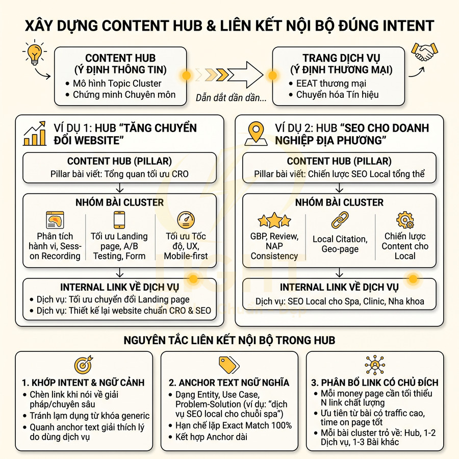 Sơ đồ xây dựng content hub và liên kết nội bộ chuẩn SEO theo đúng search intent
