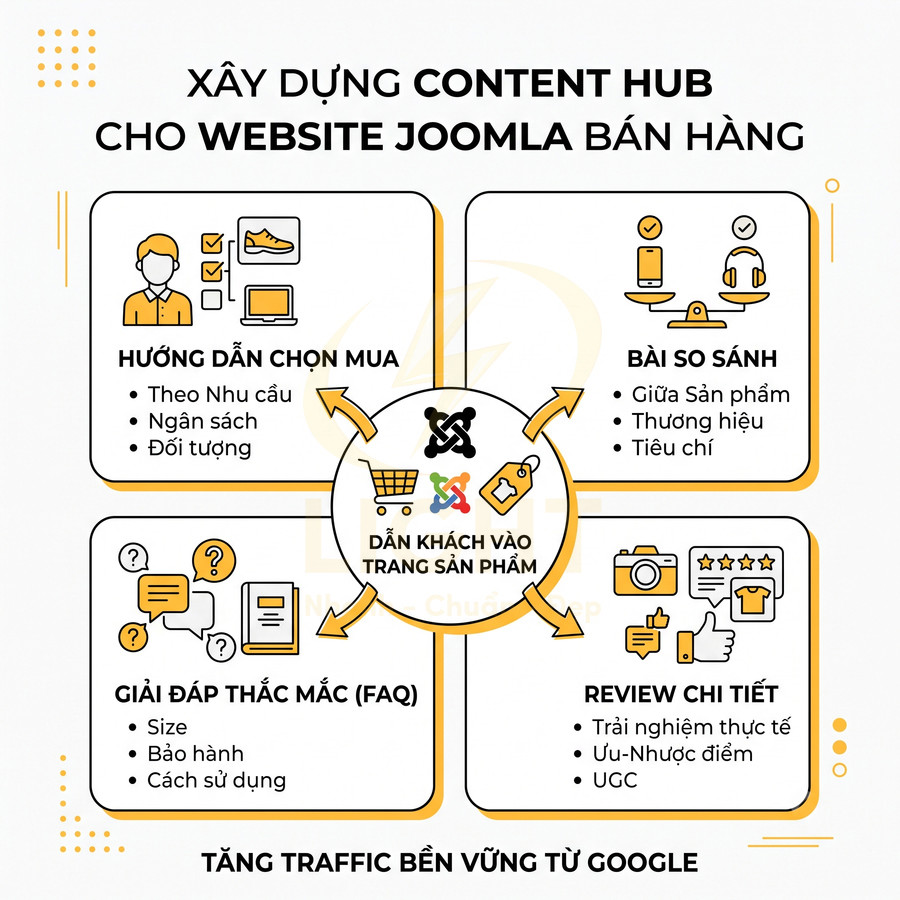 Mô hình content hub cho website Joomla bán hàng với hướng dẫn mua, so sánh, FAQ và review chi tiết tăng traffic Google