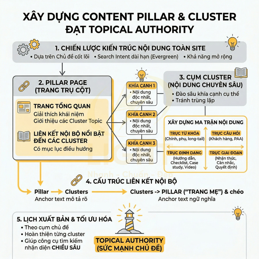 Mô hình xây dựng content pillar và cluster để đạt topical authority trong chiến lược SEO nội dung
