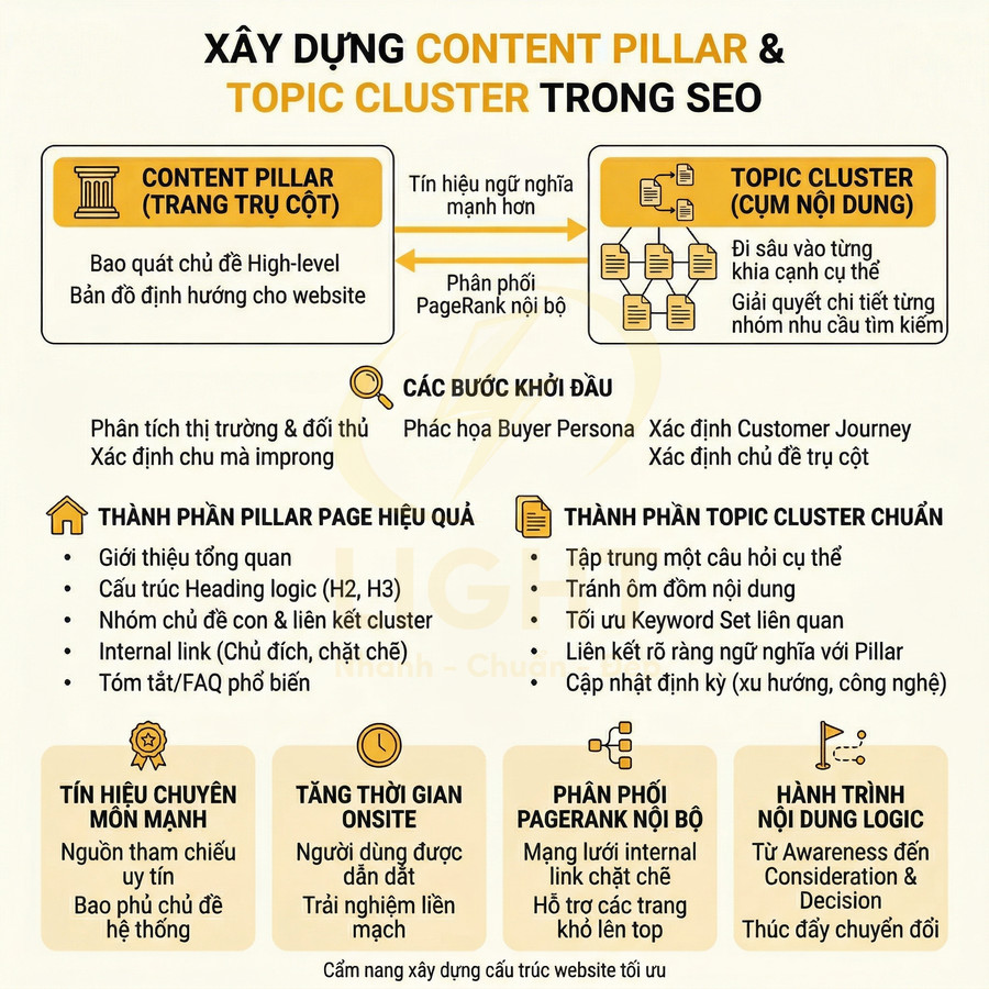 Hướng dẫn xây dựng content pillar và topic cluster trong SEO với các bước, thành phần và lợi ích chi tiết