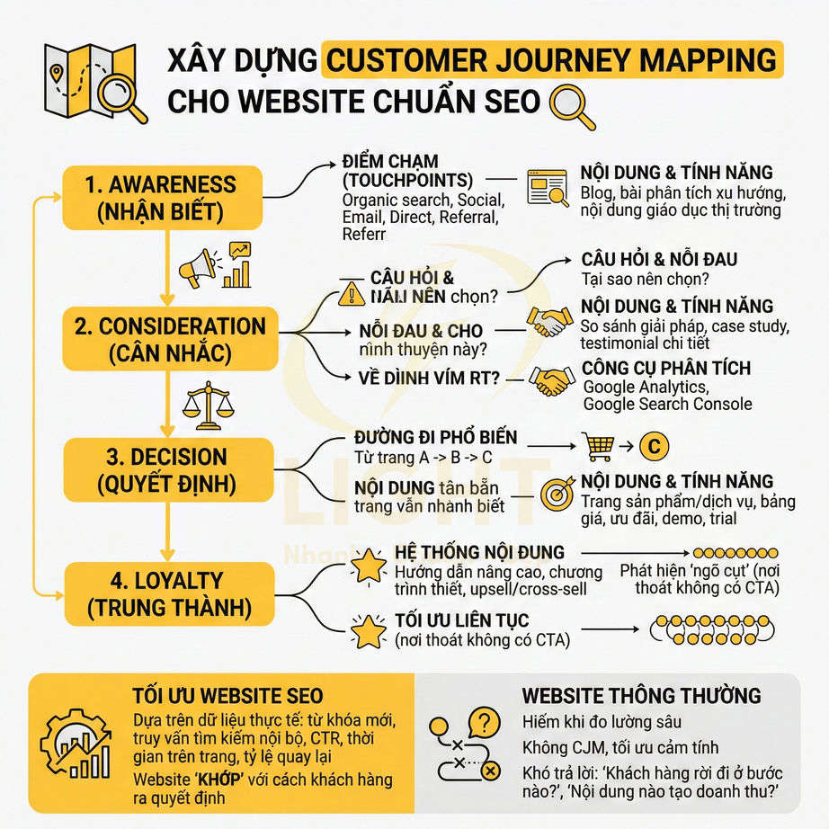 Sơ đồ customer journey mapping cho website chuẩn SEO với 4 giai đoạn và nội dung tối ưu ở từng bước