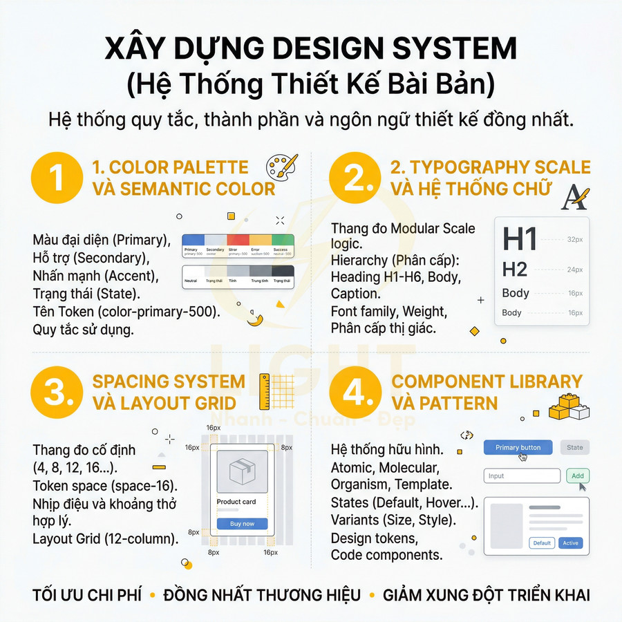 Infographic hướng dẫn xây dựng design system với color palette, typography, spacing system và component library
