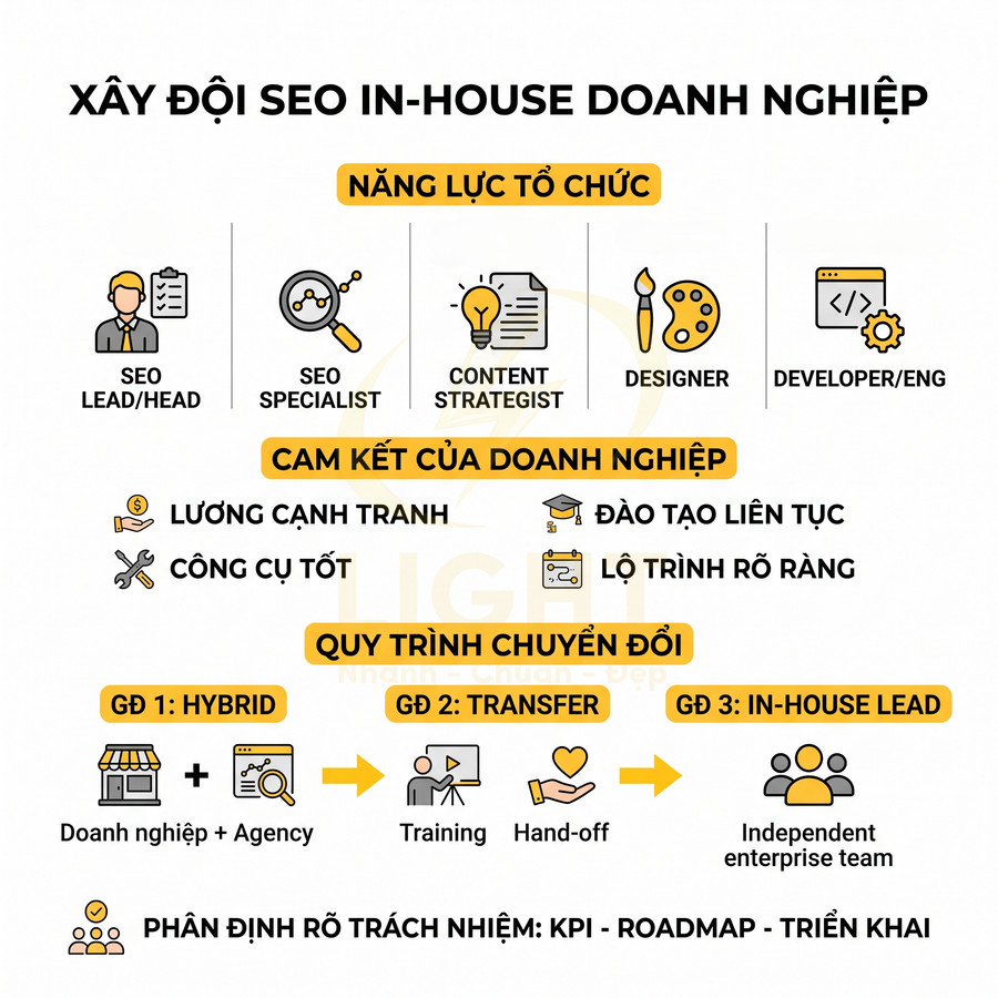 Mô hình xây dựng đội SEO inhouse doanh nghiệp với vai trò, cam kết và quy trình chuyển đổi 3 giai đoạn