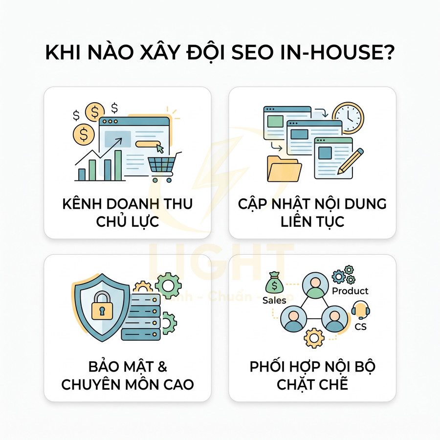 Infographic tiêu chí nên xây dựng đội SEO inhouse gồm doanh thu chủ lực, cập nhật nội dung, bảo mật và phối hợp nội bộ