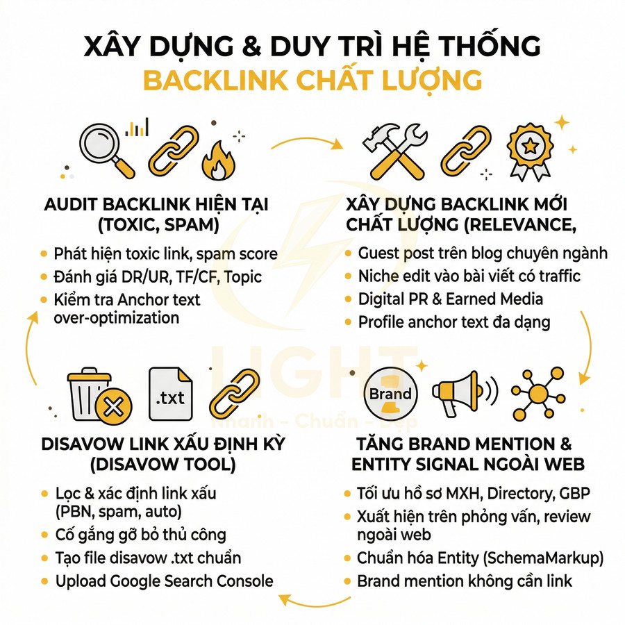 Quy trình xây dựng và duy trì hệ thống backlink chất lượng với audit, disavow link xấu và tăng brand mention