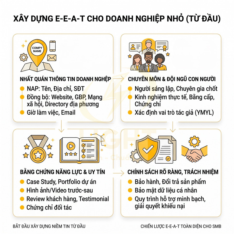 Infographic xây dựng E-E-A-T cho doanh nghiệp nhỏ với các bước tối ưu uy tín và chuyên môn trên môi trường số