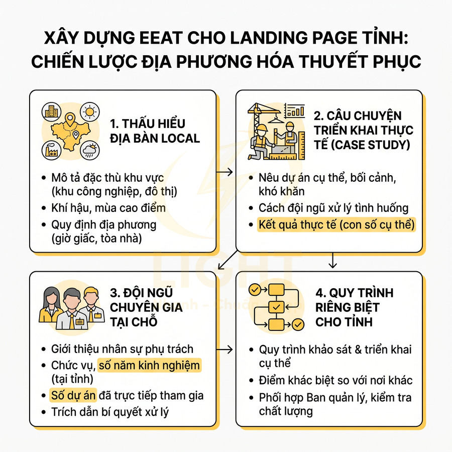 Infographic xây dựng EEAT cho landing page tỉnh với 4 bước chiến lược địa phương hóa thuyết phục