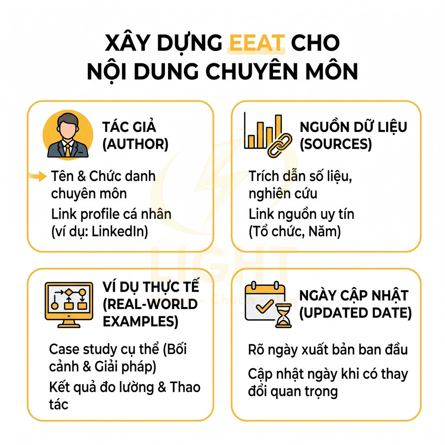 Infographic hướng dẫn xây dựng EEAT cho nội dung chuyên môn với tác giả, nguồn dữ liệu, ví dụ thực tế và ngày cập nhật