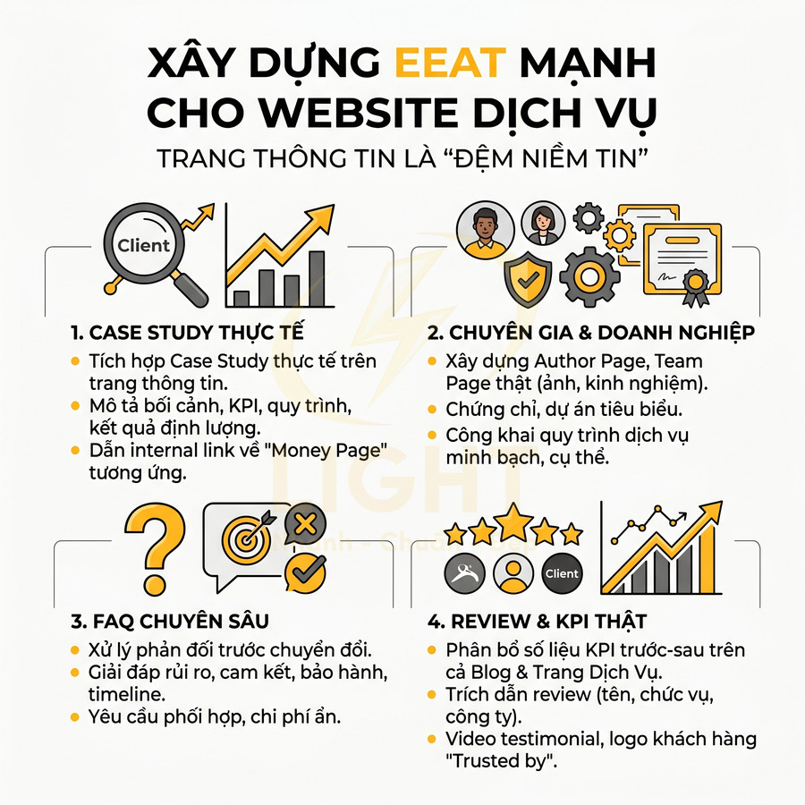 Hướng dẫn xây dựng EEAT mạnh cho website dịch vụ với case study, chuyên gia, FAQ chuyên sâu và review kèm KPI thực tế