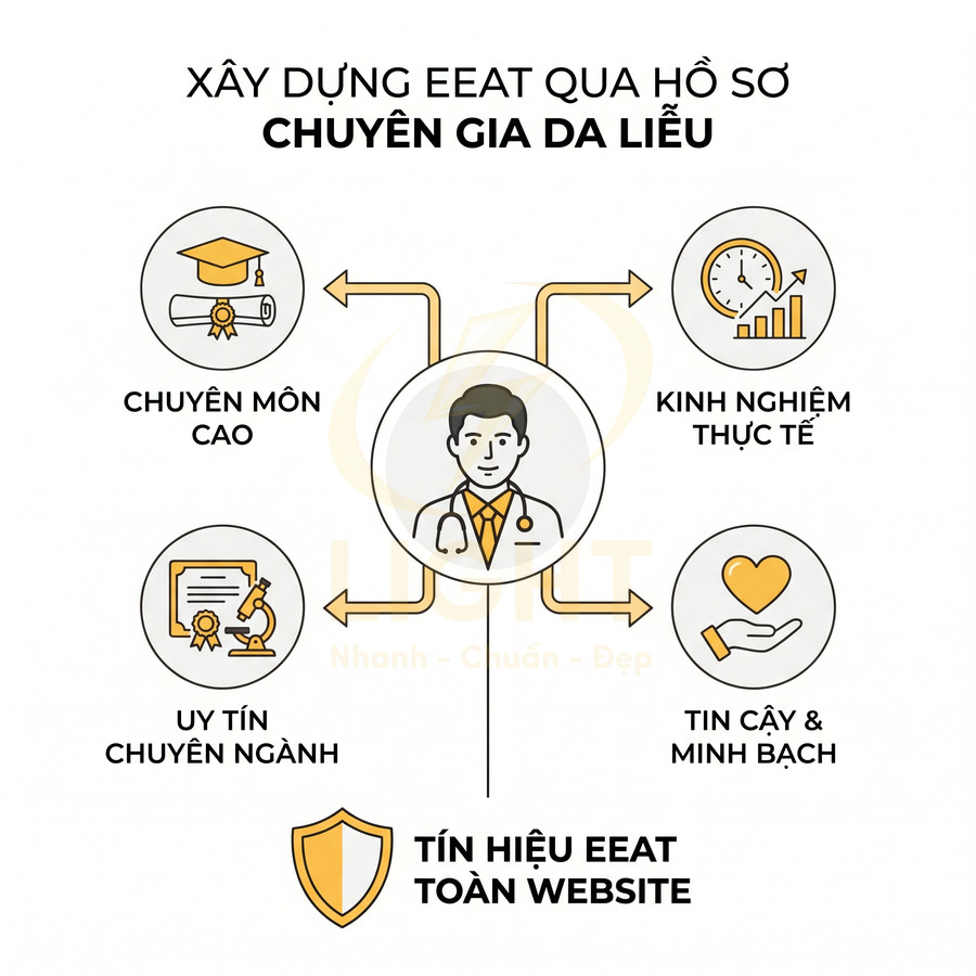 Minh họa xây dựng EEAT cho website qua hồ sơ chuyên gia da liễu với chuyên môn, uy tín, kinh nghiệm, tin cậy minh bạch