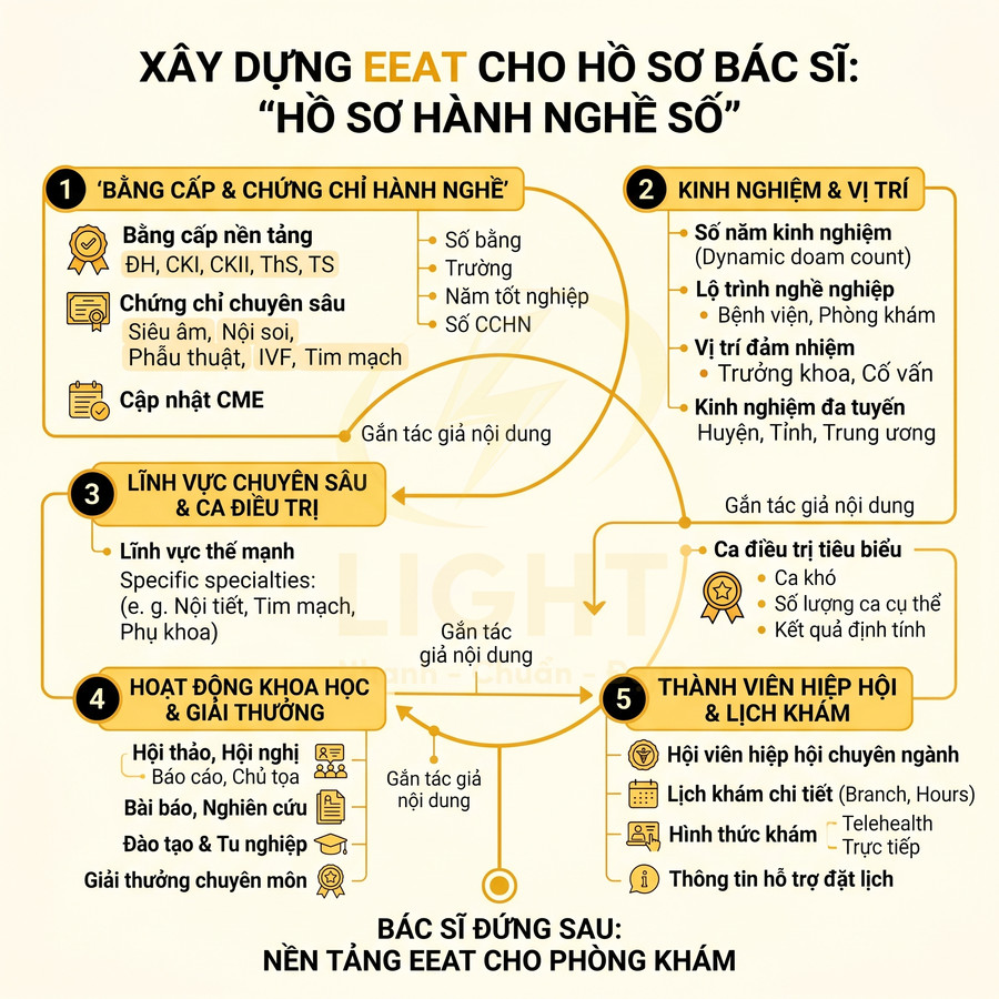 Infographic xây dựng EEAT cho hồ sơ bác sĩ với 5 bước về bằng cấp, kinh nghiệm, chuyên môn, hoạt động khoa học và lịch khám