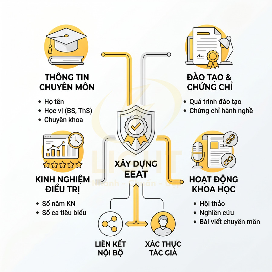 Infographic các yếu tố xây dựng EEAT: thông tin chuyên môn, kinh nghiệm điều trị, đào tạo, hoạt động khoa học, liên kết, xác thực tác giả