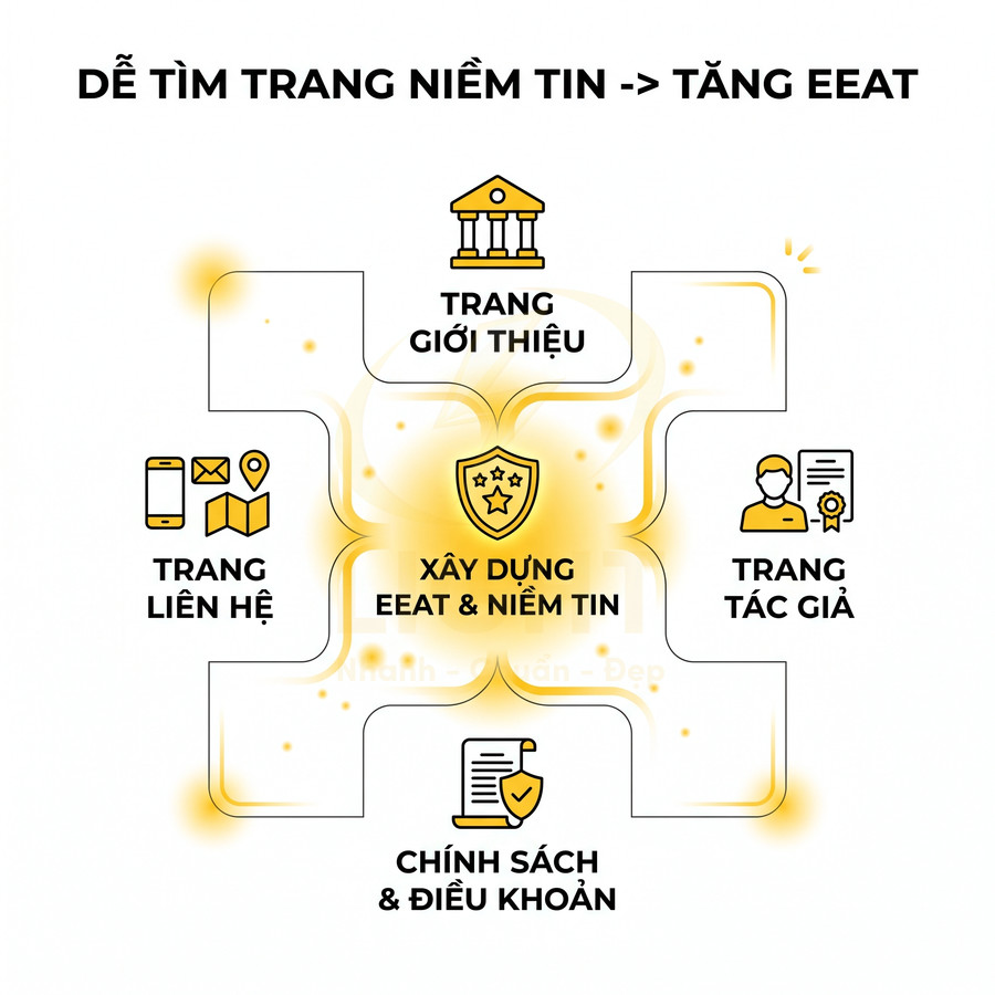 Sơ đồ các trang giới thiệu, liên hệ, tác giả, chính sách giúp xây dựng niềm tin và tăng EEAT cho website