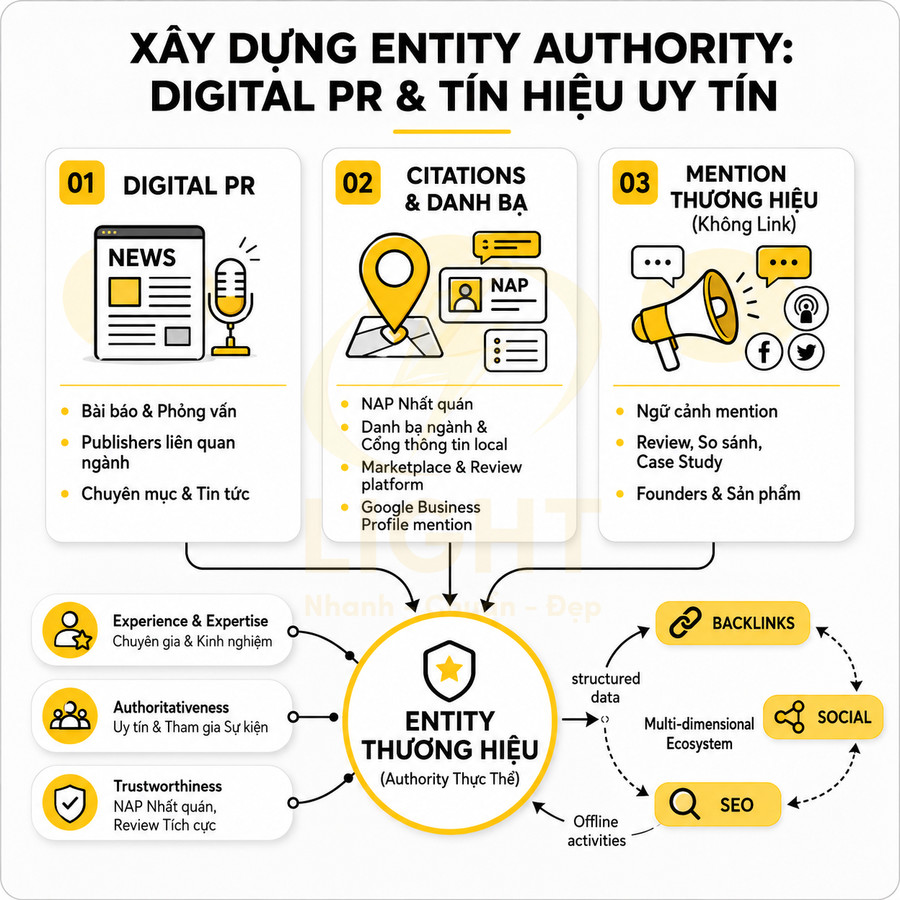 Infographic xây dựng entity authority với digital PR, citations, mention thương hiệu và các yếu tố E‑A‑T, SEO, social, backlinks