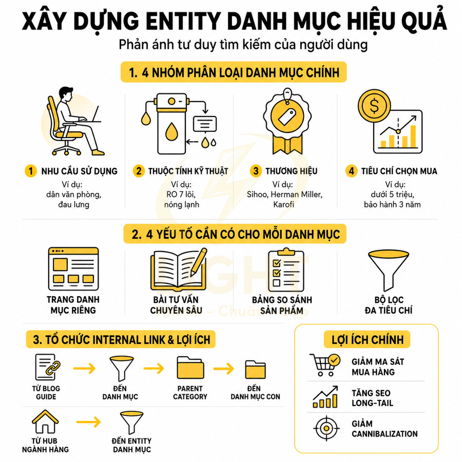 Infographic hướng dẫn xây dựng entity danh mục sản phẩm hiệu quả với nhóm phân loại, yếu tố cần có và lợi ích SEO