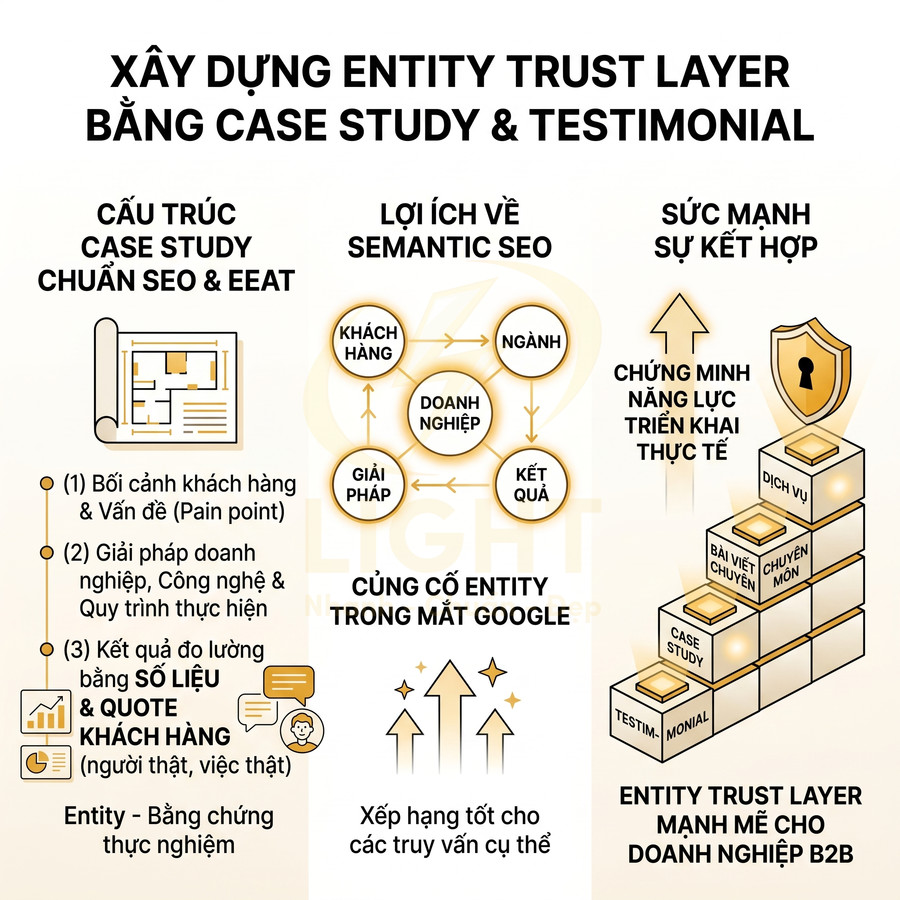 Minh họa quy trình xây dựng entity trust layer bằng case study và testimonial cho SEO doanh nghiệp B2B