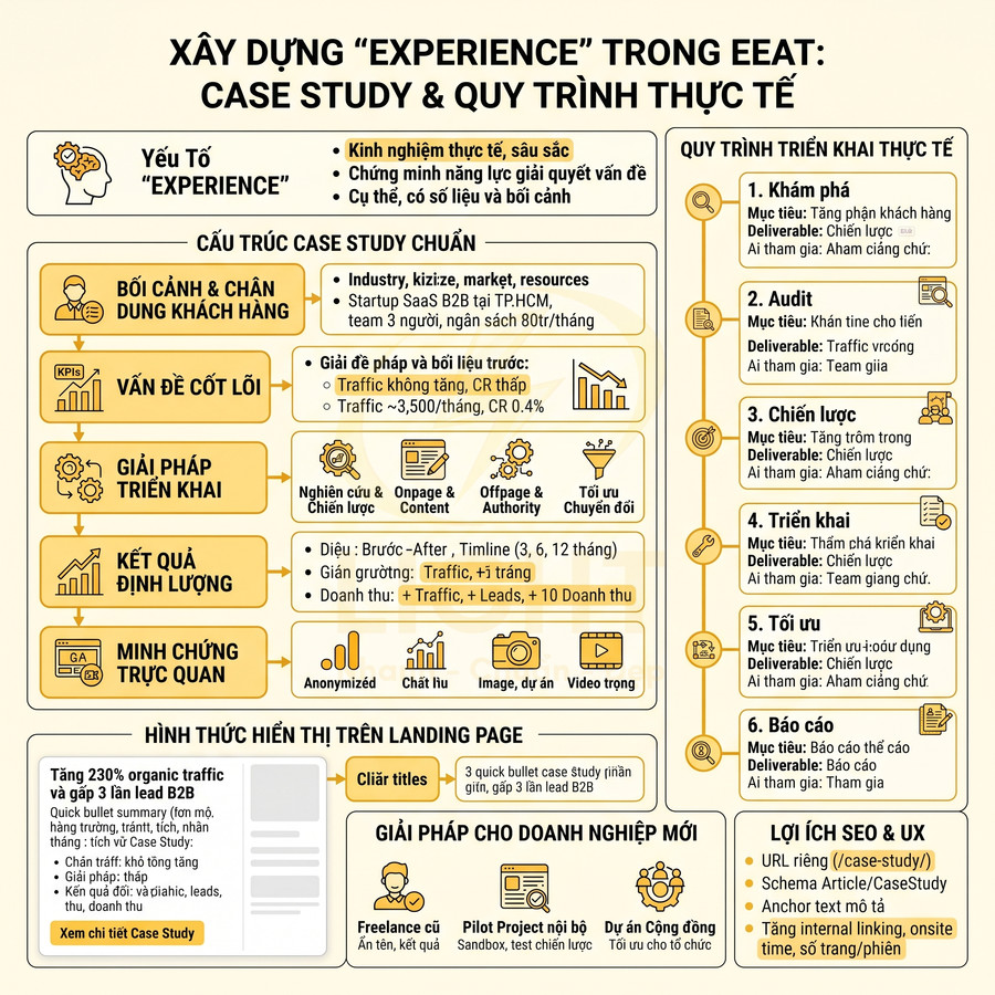 Infographic quy trình xây dựng experience trong EEAT với case study SEO và lợi ích cho doanh nghiệp