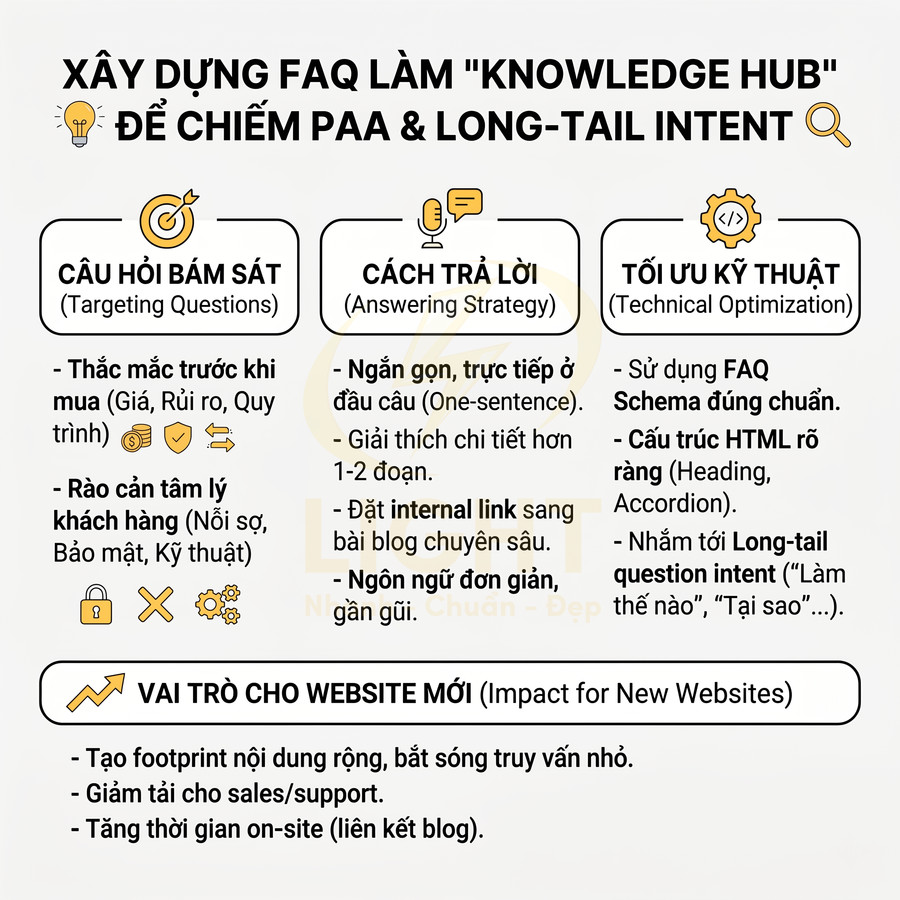 Hướng dẫn xây dựng mục FAQ làm knowledge hub để tối ưu PAA, long tail và vai trò cho website mới