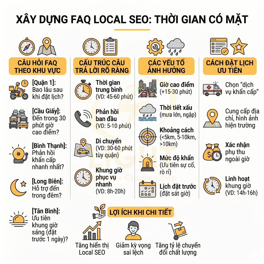 Infographic hướng dẫn xây dựng FAQ Local SEO về thời gian có mặt, yếu tố ảnh hưởng và lợi ích chi tiết