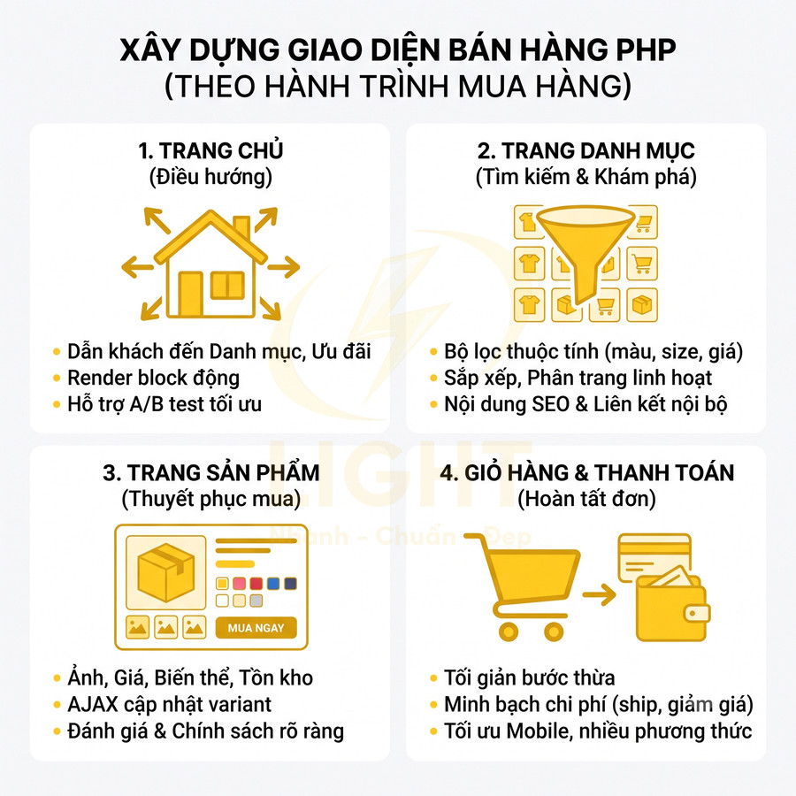 Infographic quy trình xây dựng giao diện bán hàng PHP theo hành trình mua hàng từ trang chủ đến thanh toán