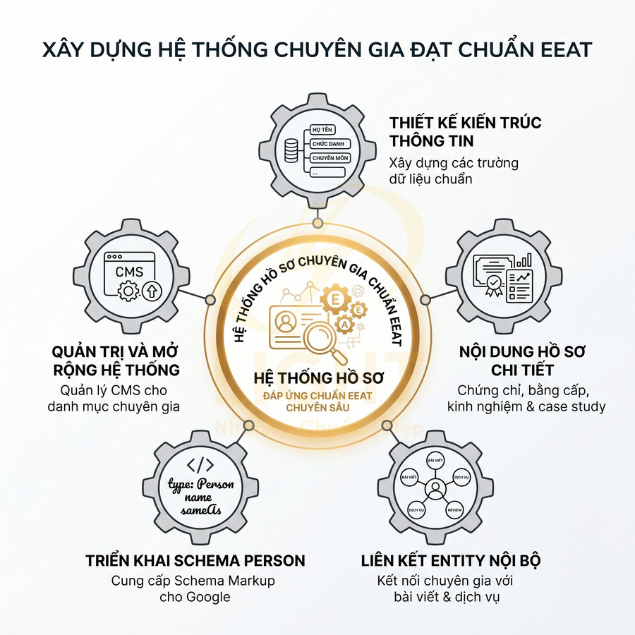 Sơ đồ hệ thống hồ sơ chuyên gia chuẩn EEAT với các bước thiết kế thông tin, nội dung, schema và liên kết entity