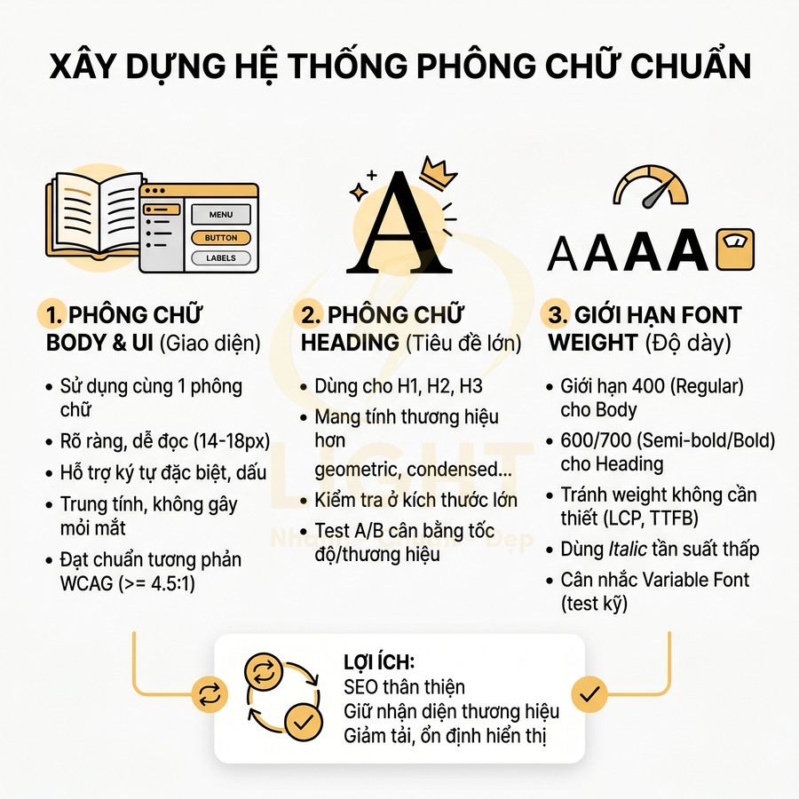 Hướng dẫn xây dựng hệ thống phông chữ chuẩn cho website với body, heading và giới hạn font weight