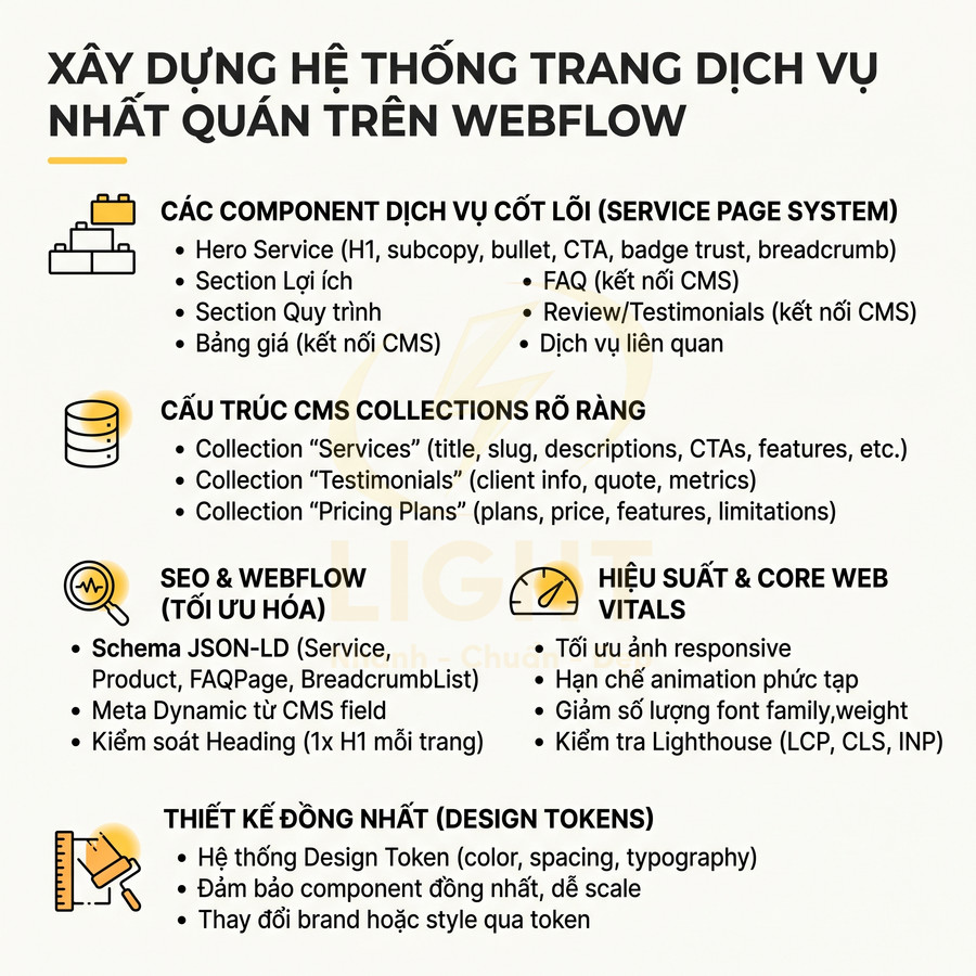Checklist xây dựng hệ thống trang dịch vụ nhất quán trên Webflow với component, CMS, SEO và hiệu suất Core Web Vitals