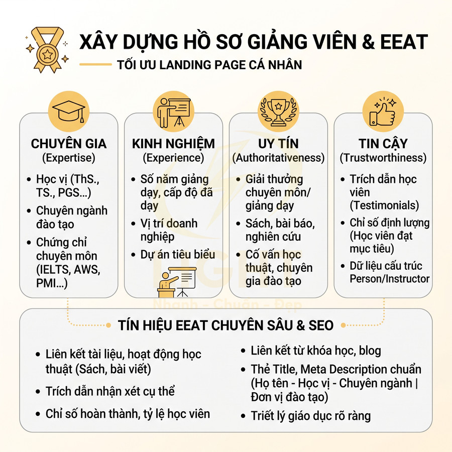 Hướng dẫn xây dựng hồ sơ giảng viên chuẩn EEAT tối ưu landing page cá nhân với chuyên gia, kinh nghiệm, uy tín, tin cậy
