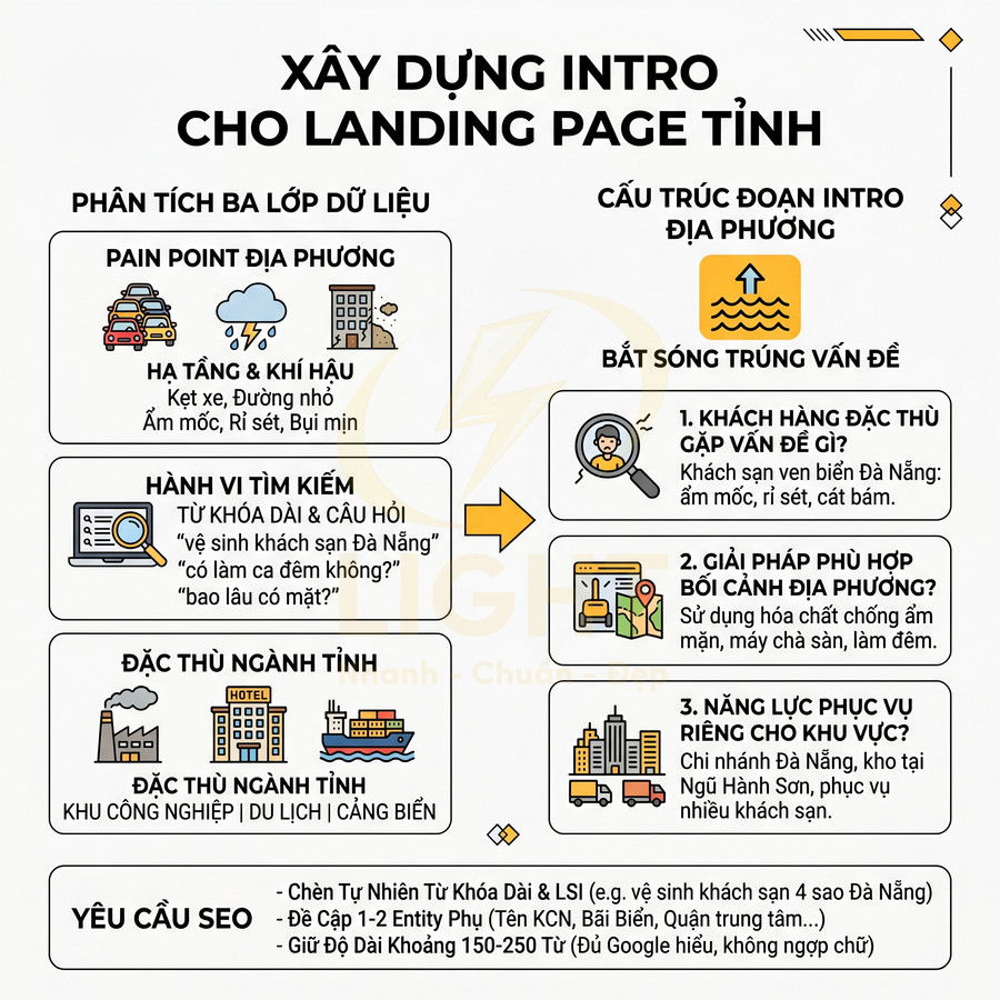 Infographic hướng dẫn xây dựng đoạn intro chuẩn SEO cho landing page tỉnh với phân tích dữ liệu và cấu trúc nội dung