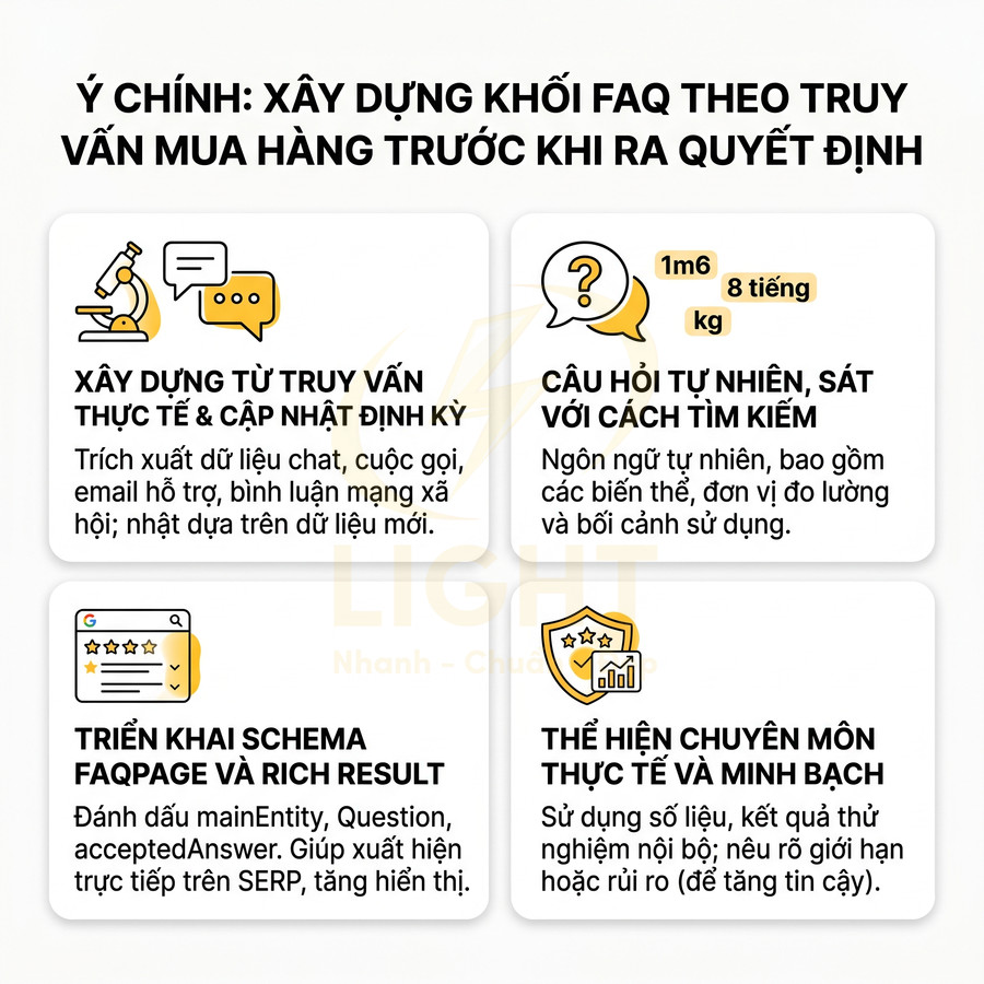 Hướng dẫn xây dựng khối FAQ chuẩn SEO với truy vấn mua hàng, schema FAQPage và thể hiện chuyên môn minh bạch