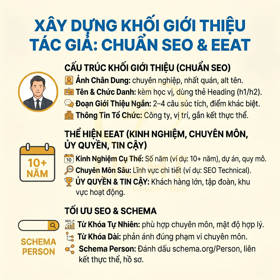 Hướng dẫn xây dựng khối giới thiệu tác giả chuẩn SEO và EEAT với cấu trúc, kinh nghiệm và tối ưu schema