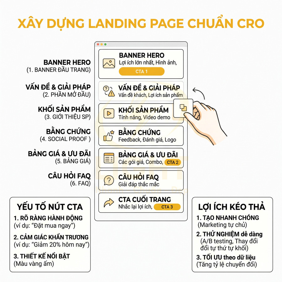 Hướng dẫn cấu trúc landing page chuẩn CRO với các khối nội dung và nút kêu gọi hành động CTA