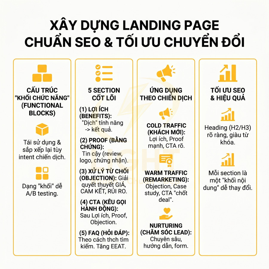 Hướng dẫn xây dựng landing page chuẩn SEO và tối ưu chuyển đổi với cấu trúc, section cốt lõi và chiến dịch marketing
