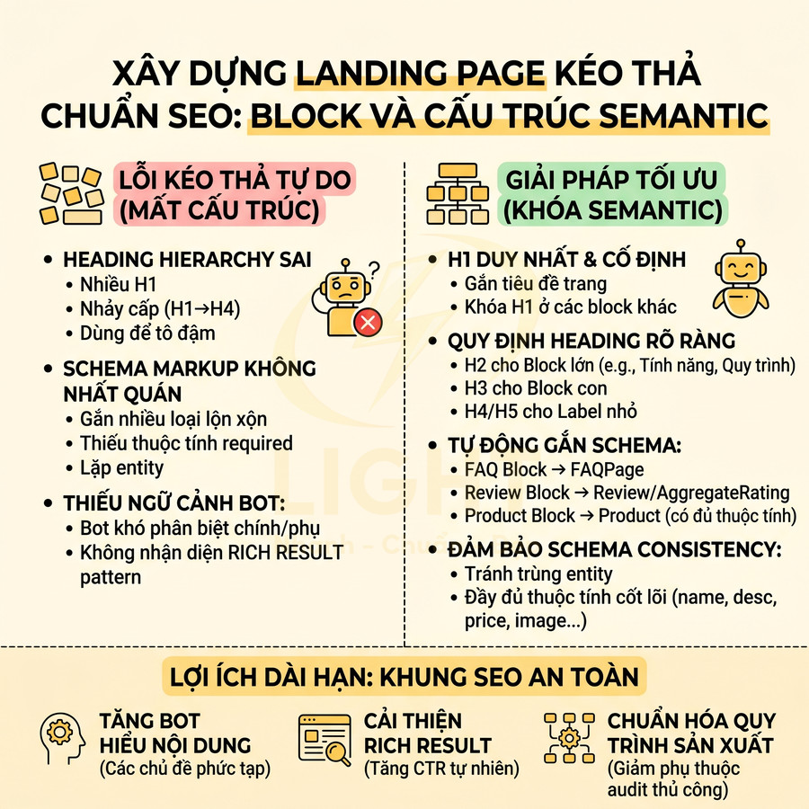 Hướng dẫn xây dựng landing page kéo thả chuẩn SEO với block và cấu trúc semantic, tối ưu heading và schema markup