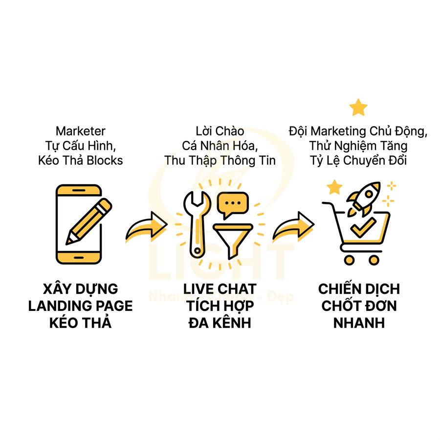 Quy trình xây dựng landing page kéo thả, live chat đa kênh đến chiến dịch chốt đơn nhanh cho marketer