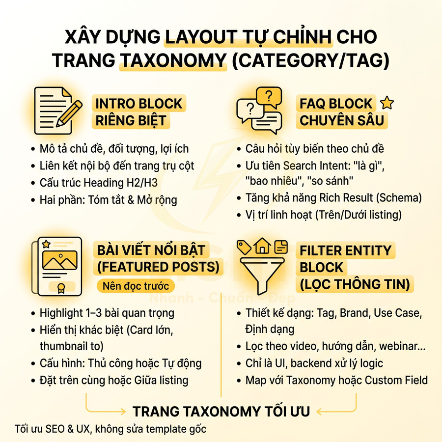 Hướng dẫn xây dựng layout tùy chỉnh cho trang taxonomy với intro block, FAQ, bài viết nổi bật và filter entity block