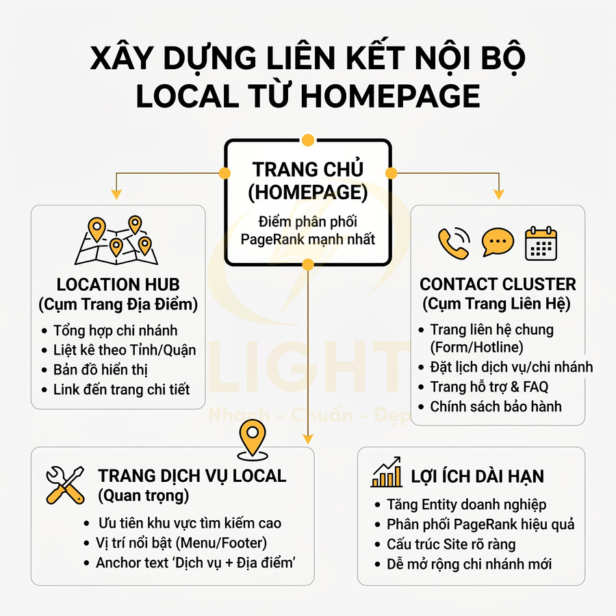 Sơ đồ xây dựng liên kết nội bộ local từ trang chủ với location hub, trang dịch vụ local và cụm trang liên hệ