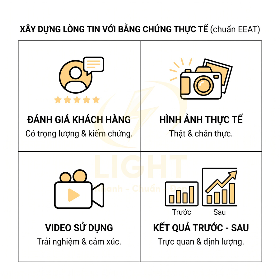 Infographic xây dựng lòng tin với bằng chứng thực tế gồm đánh giá khách hàng, hình ảnh, video và kết quả trước sau