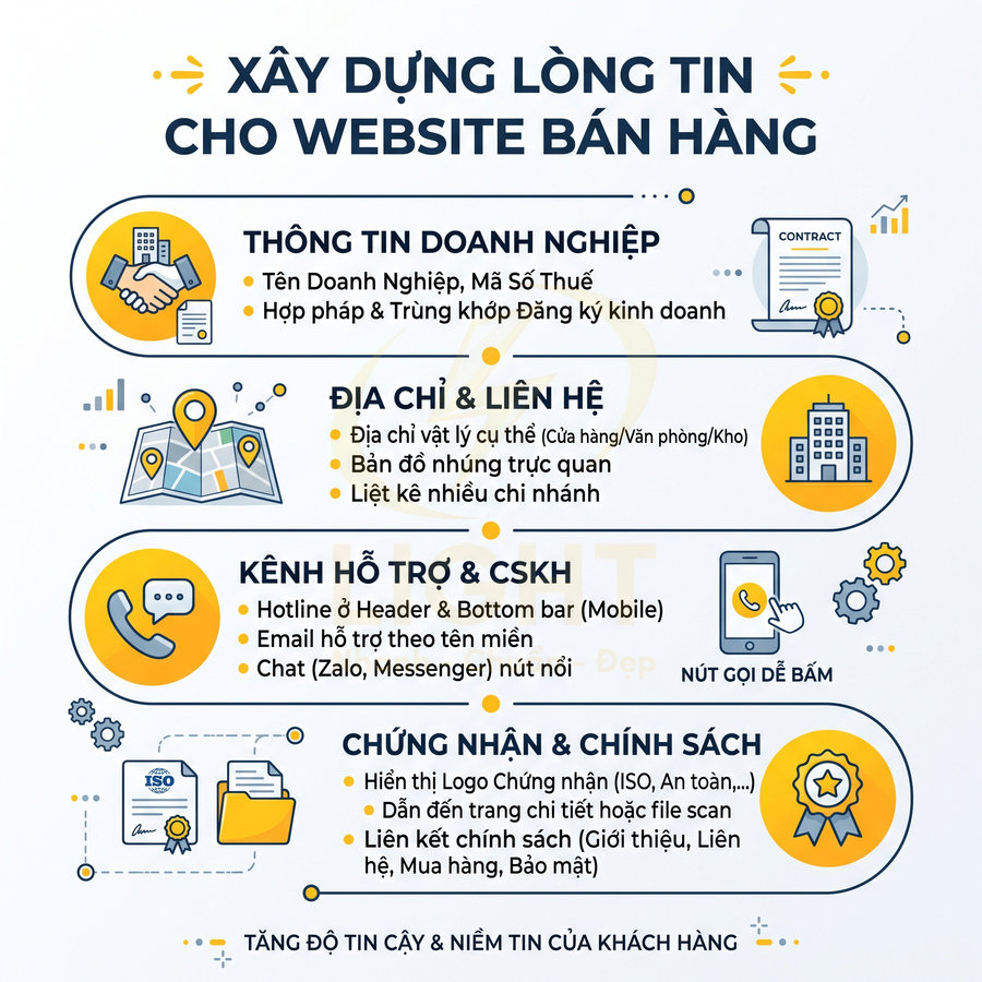 Xây dựng lòng tin cho website bán hàng với thông tin doanh nghiệp, địa chỉ liên hệ, kênh hỗ trợ và chứng nhận chính sách