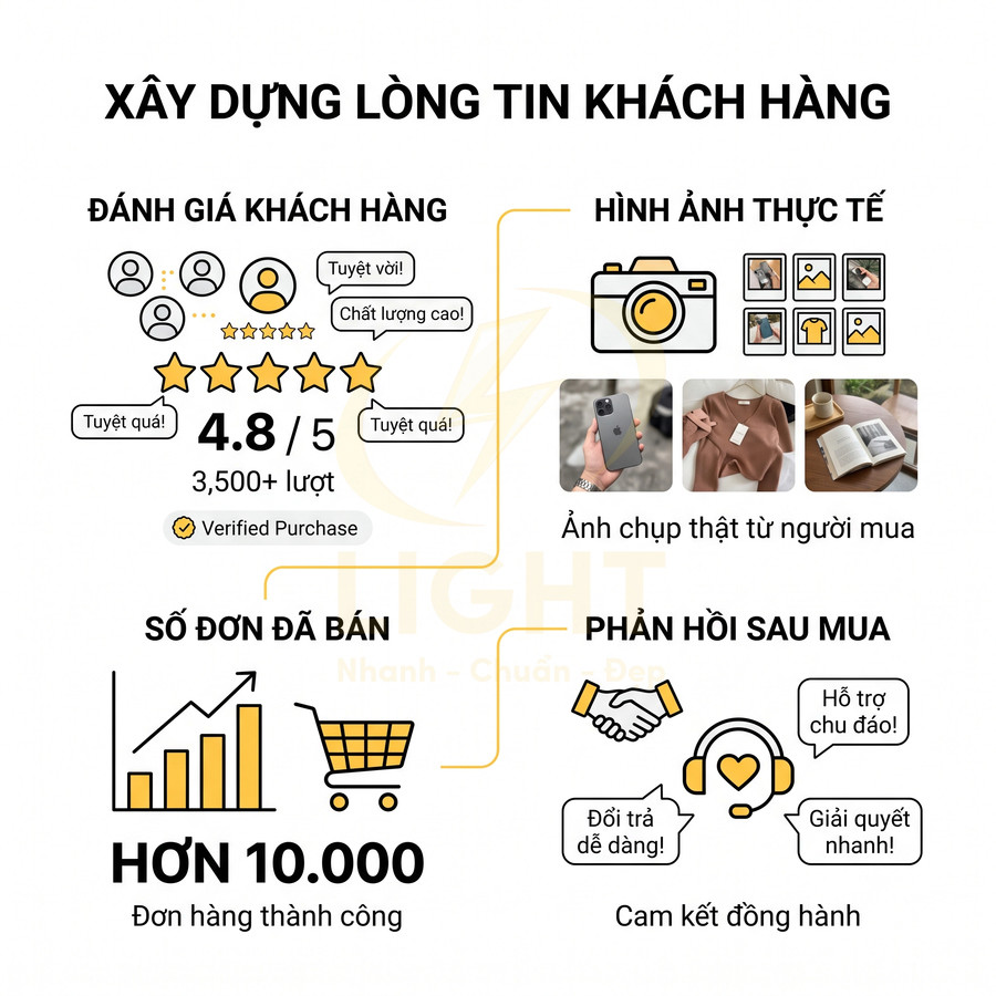 Infographic xây dựng lòng tin khách hàng với đánh giá 4.8 sao, hơn 10.000 đơn và ảnh chụp thật từ người mua