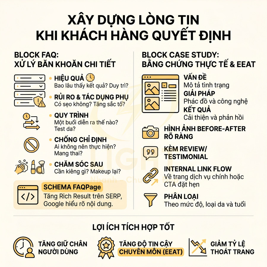 Infographic xây dựng lòng tin khách hàng với block FAQ, case study, lợi ích tăng giữ chân và độ tin cậy chuyên môn
