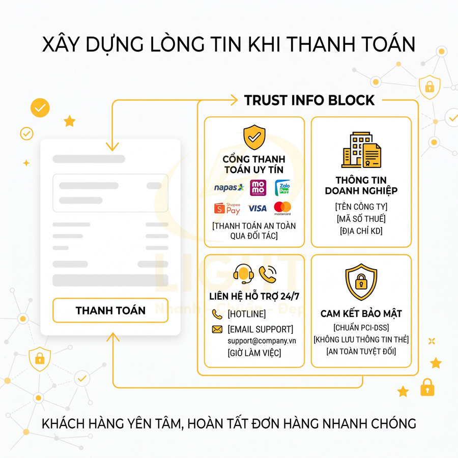 Minh họa các yếu tố xây dựng lòng tin khi thanh toán online với cổng Napas, MoMo, ZaloPay, ShopeePay, Visa