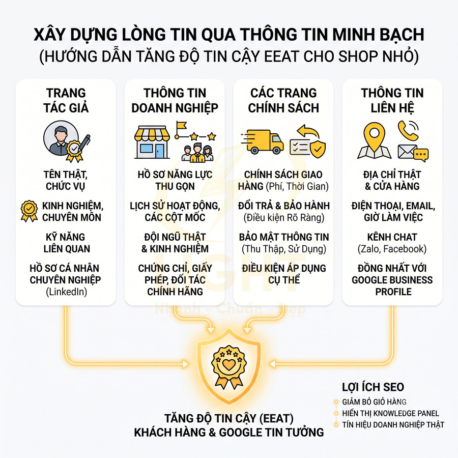 Infographic hướng dẫn xây dựng lòng tin EEAT cho shop nhỏ với thông tin tác giả, doanh nghiệp, chính sách và liên hệ minh bạch