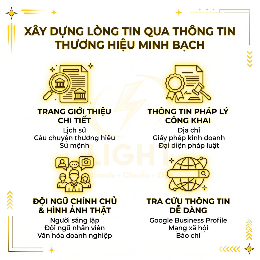 Hướng dẫn xây dựng lòng tin thương hiệu minh bạch với giới thiệu chi tiết, pháp lý công khai, đội ngũ thật và tra cứu dễ dàng