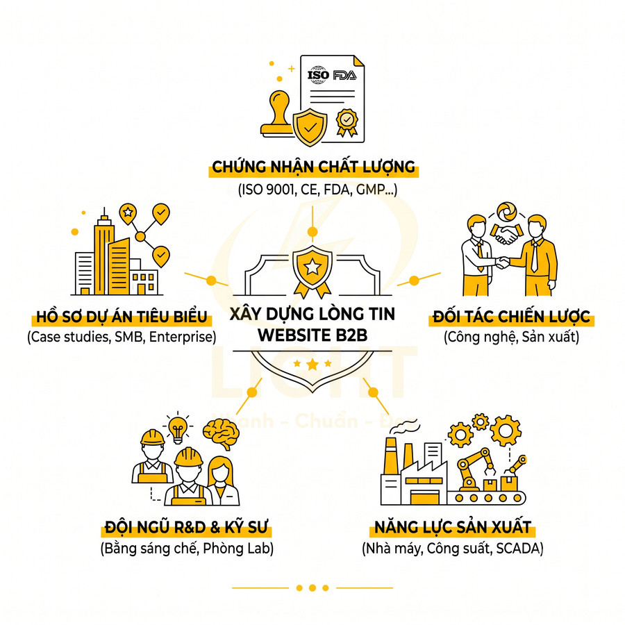 Infographic xây dựng lòng tin website B2B với chứng nhận chất lượng, hồ sơ dự án, đối tác, đội ngũ kỹ sư và năng lực sản xuất