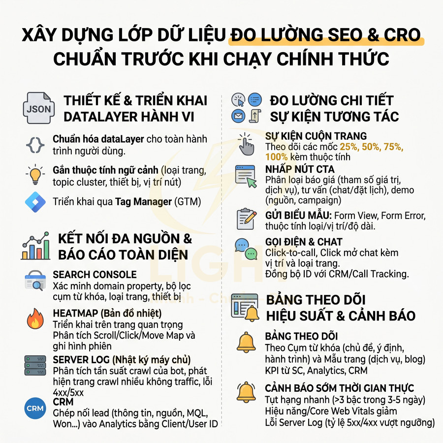Hướng dẫn xây dựng lớp dữ liệu đo lường SEO CRO với datalayer, heatmap, CRM và bảng theo dõi hiệu suất chi tiết